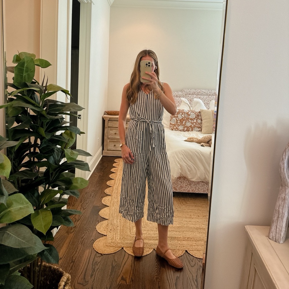Blue and white striped jumpsuit